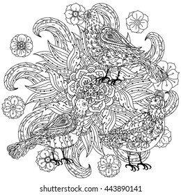 contoured mandala shape flowers and birds for adult coloring book in zen art therapy style for anti stress drawing.