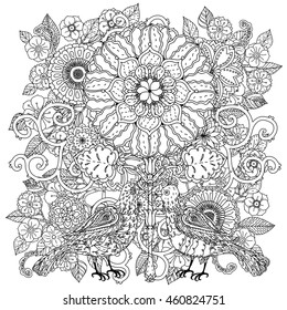 Contoured mandala shaped flowers and birds for adult coloring book or art therapy style zen drawing. Hand-drawn, stylish doodle in tatto style, for coloring book or fabric design in vector.