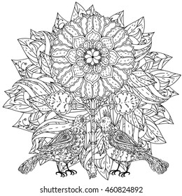 Contoured mandala shaped flowers and birds for adult coloring book or art therapy style zen drawing. Hand-drawn, stylish doodle in tatto style, for coloring book or fabric design in vector.