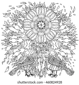 Contoured mandala shaped flowers and birds for adult coloring book or art therapy style zen drawing. Hand-drawn, stylish doodle in tatto style, for coloring book or fabric design in vector.