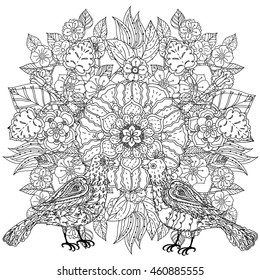 Contoured mandala shaped flowers and birds for adult coloring book or art therapy style zen drawing. Hand-drawn, stylish doodle in tatto style, for coloring book or fabric design in vector.