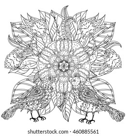 Contoured mandala shaped flowers and birds for adult coloring book or art therapy style zen drawing. Hand-drawn, stylish doodle in tatto style, for coloring book or fabric design in vector.