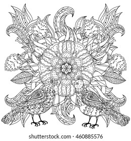 Contoured mandala shaped flowers and birds for adult coloring book or art therapy style zen drawing. Hand-drawn, stylish doodle in tatto style, for coloring book or fabric design in vector.