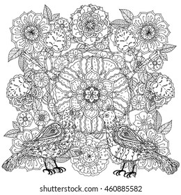 Contoured mandala shaped flowers and birds for adult coloring book or art therapy style zen drawing. Hand-drawn, stylish doodle in tatto style, for coloring book or fabric design in vector.