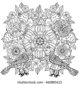 Contoured mandala shaped flowers and birds for adult coloring book or art therapy style zen drawing. Hand-drawn, stylish doodle in tatto style, for coloring book or fabric design in vector.
