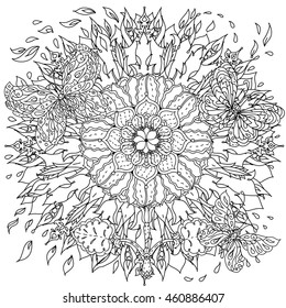 Contoured mandala shaped flowers and butterflies for adult coloring book or art therapy style zen drawing. Hand-drawn, stylish doodle in tatto style, for coloring book or fabric design in vector.