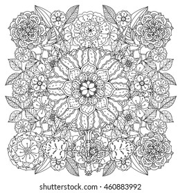 Contoured mandala shaped flowers and leaves for adult coloring book or art therapy style zen drawing. Hand-drawn, stylish doodle in tatto style, for coloring book or fabric design in vector.