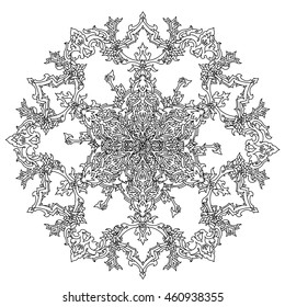 Contoured mandala shaped snowflakes for adult coloring book or art therapy style zen drawing. Hand-drawn, stylish doodle in tatto style, for coloring book or fabric design and cards in vector.