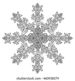 Contoured mandala shaped snowflakes for adult coloring book or art therapy style zen drawing. Hand-drawn, stylish doodle in tatto style, for coloring book or fabric design and cards in vector.