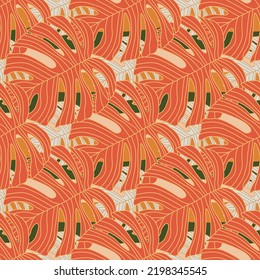 Contoured outline monstera silhouettes seamless pattern. Palm leaves endless background. Botanical wallpaper. Decorative backdrop for fabric design, textile print, wrapping, cover. Vector illustration