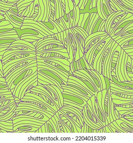 Siluetas de monastera de contorno ininterrumpido. La palma deja un fondo interminable. Papel de pared botánico. Fondo decorativo para el diseño de tejidos, impresión textil, envoltura, cubierta. Ilustración del vector