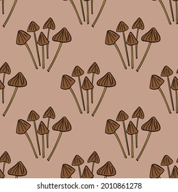 Contoured psilocybe semilanceata mushroom seamless doodle pattern. Pastel pink background. Simple style. Stock illustration. Vector design for textile, fabric, giftwrap, wallpapers.