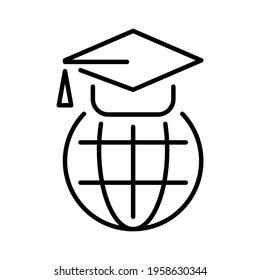 Contoured simple icon of distance learning vector illustration. Monochrome symbol of modern global e-learning remotely education isolated on white. Linear planet globe with square academic cap