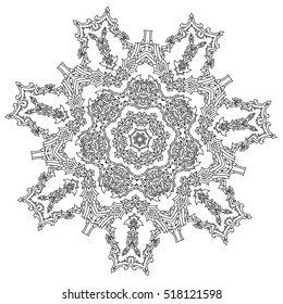 Contoured snowflakes in shaped of mandala for adult coloring book or art therapy style zen drawing. Hand-drawn, stylish doodle in tatto style, for coloring book or fabric design and cards in vector.