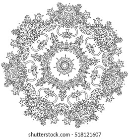 Contoured snowflakes in shaped of mandala for adult coloring book or art therapy style zen drawing. Hand-drawn, stylish doodle in tatto style, for coloring book or fabric design and cards in vector.