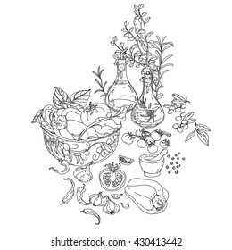 contoured still life of vector italian cuisine elements. Hand drawn. Black and white. Italian food. Vegetables and herbs, olive oil, tomatoes, garlic. Detailed, contoured, zen coloring book style.