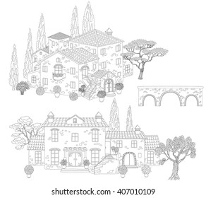 Contoured  stone houses,  bridge and trees. Hand drawn cartoon illustration.  Black and white elements for coloring.