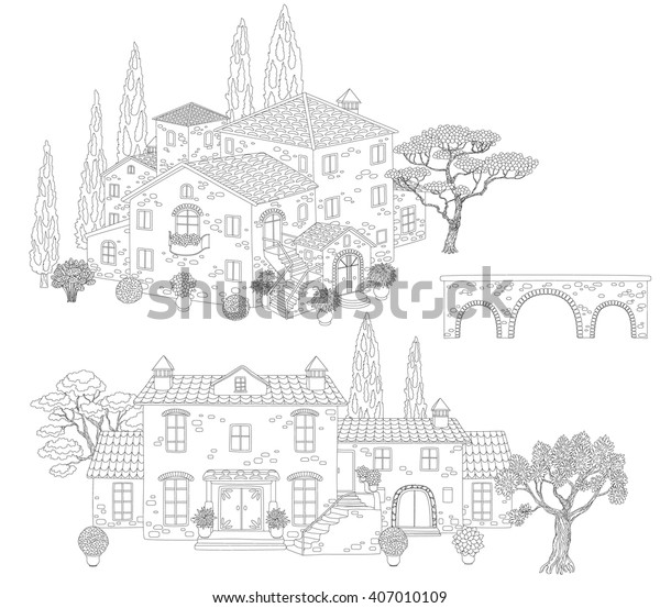 Contoured Stone Houses Bridge Trees Hand Stock Vector Royalty Free