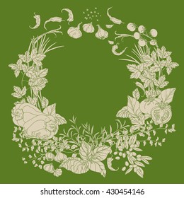contoured wreath of vector italian cuisine elements. Hand drawn. Black and white. Italian food. Vegetables and herbs, olives and tomatoes, garlic. Detailed, contoured, zen coloring book style.