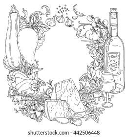 contoured wreath of vector italian cuisine elements. Hand drawn. Black and white. Italian food. Vegetables and herbs, olives and tomatoes, garlic, cheese. Detailed, contoured, zen coloring book style.