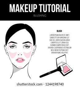 Contouring guide tutorial. Makeup Template of female face chart. Vector illustration of pretty young woman. Blushing technique Cosmetic Make up pink Powder Blusher in Case. Professional make up chart.