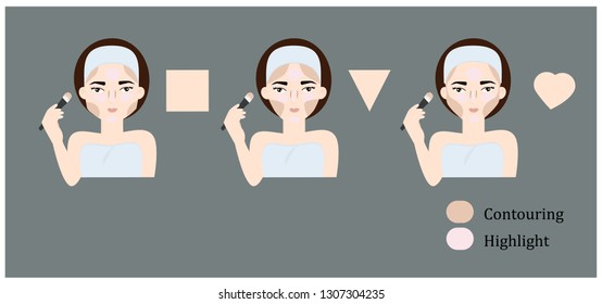 Contouring and highlight makeup guide. Vector set of different types of woman face. Various makeup for woman face. Vector illustration.