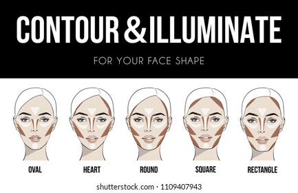 Contouring & illuminate makeup for different types of woman's face. Vector set of different forms of female face. How to put on perfect make up. Contouring and highlighting for face shapes.