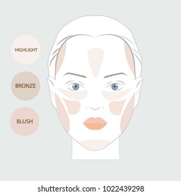 Contouring. Make up woman face on blue background. Contour and highlight, bronze and blush makeup. Professional face make-up sample