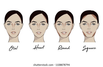Contouring makeup for different types of woman's face. Vector set of different forms of female face. How to put on perfect make up. Contouring for face shapes.