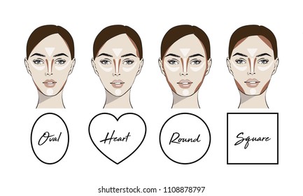 Contouring makeup for different types of woman's face. Vector set of different forms of female face. How to put on perfect make up. Contouring and highlighting for face shapes.