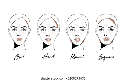 Contouring makeup for different types of woman's face. Vector set of different forms of female face. How to put on perfect make up. Contouring and highlighting for face shapes.
