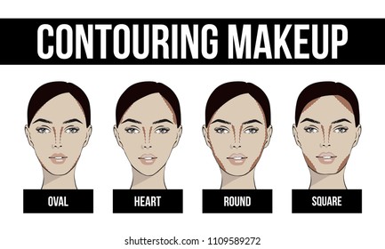 Contouring makeup for different types of woman's face. Vector set of different forms of female face. How to put on perfect make up. Contouring for face shapes.