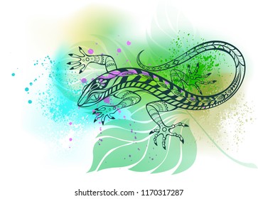 Contouring, stylized lizard on white background painted blue and green watercolor.
