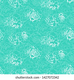 Contours of abstract flowers on blue turquoise background. Ornate nature floral vector seamless pattern. Fresh organic template for design, textile, wallpaper, carton, ceramic tile, banner.