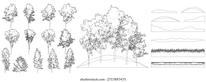 Contornos de belas abetos, bétula, grama, colina. Criação de belo parque, floresta, paisagem, floresta, coleção de elementos. Ilustração vetorial.