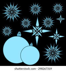 contours of blue snowflakes and Christmas decorations on a black background
