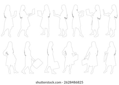 Contours of businesswoman walking and standing with laptop and  briefcases  in different poses, set. Vector illustration