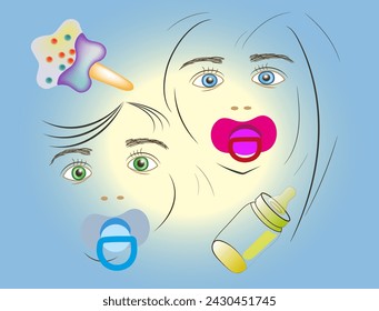 contours of children's faces of a boy and a girl with a pacifier