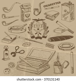 Contours of Cigarettes, Cigars and Smoking Accessories in Vintage Style on Old Paper Background