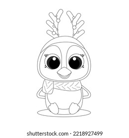 Contours for coloring with a cute New Year penguin with horns and garlands