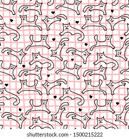 Contours of cute funny cats in different poses. Vector seamless pattern. Hand drawn animal on pink mesh background. Children's textiles, Wallpapers, covers, phone cases