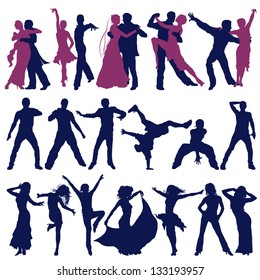 The contours of dancing people, men, women and couples