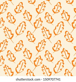 Contours of falling autumn leaves, hand drawing seamless pattern. Orange on white background