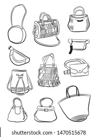 Contours of fashionable and stylish bags, different models, waist bags, wicker bags, bags with fringe, etc, isolated on white background.