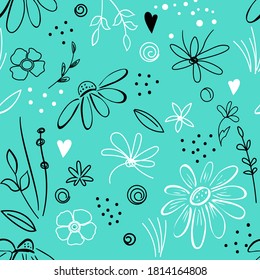Contours of flowers plants grass hearts spirals seamless pattern vector design for fashion, fabric, wallpaper prints white black on green turquoise background. Cute abstract hand drawn flowers