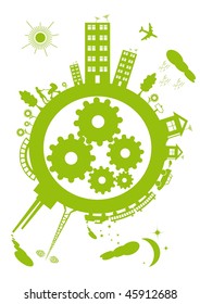 The contours of the green planet on a white background. Within the mechanism of the planet gears.