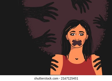 The contours of hands emanating from the darkness around a vulnerable young woman, as a symbol of sexual violence, harassment, abuse, hatred.