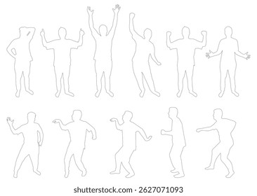 Contours of man celebrating with raised arms and thumbs up, abd dancing. Set. Vector illustration