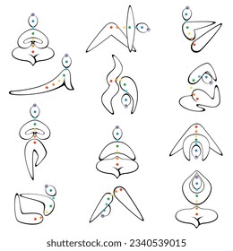 Contornos de un hombre en yoga posa con colores chakra sobre un fondo blanco. Diseño de ideas de moda para afiches, pancartas. Vector