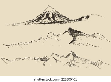 Contours of the mountains engraving vector illustration, hand drawn, sketch